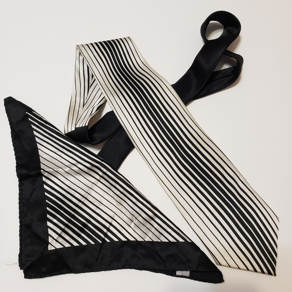 EUC Black & white stripped tie & pocket square set